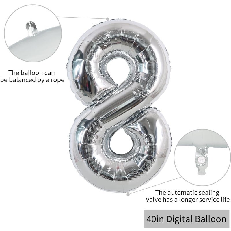 TONIFUL 40 Inch Silver Large Numbers Balloons 0-9, Number 8 Digital 8 Helium Foil Mylar Big Number Balloons for 2026 Graduation New Year Eve Birthday Party Anniversary Supplies Decorations - Image 2